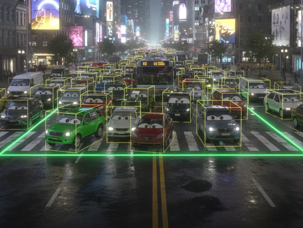 Rush Hour 1win game — traffic scene with vehicle detection boxes and city intersection