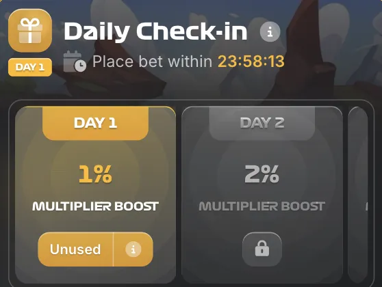 Rush Hour Daily Check-in panel showing Day 1 and Day 2 multiplier boost rewards