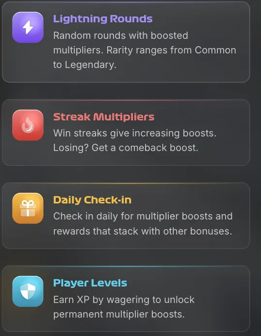 Rush Hour 1win features menu showing Lightning Rounds, Streak Multipliers, Daily Check-in, and Player Levels