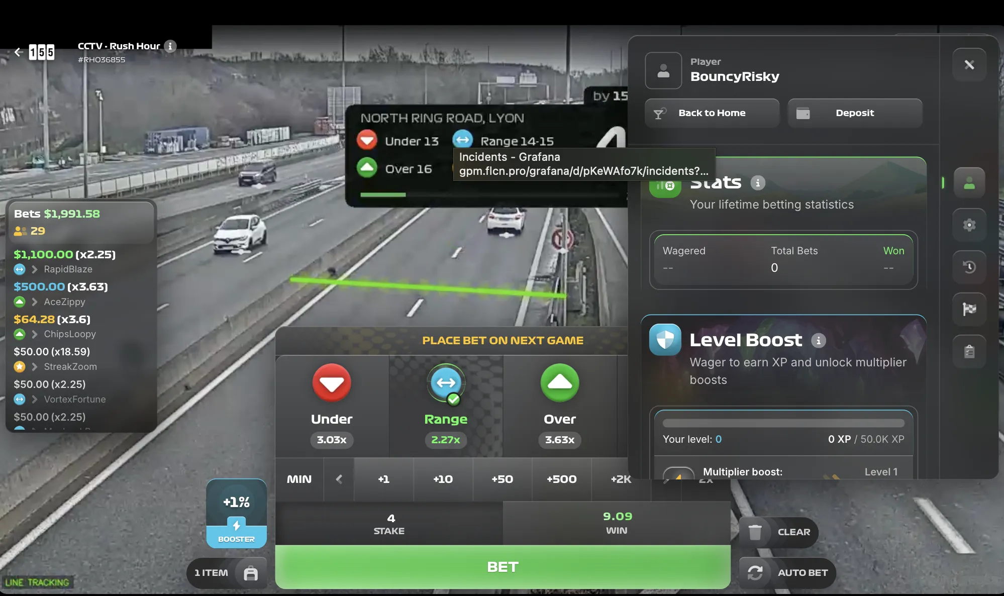Rush Hour 1win live highway feed from Lyon with vehicle detection, player stats and Level Boost panel