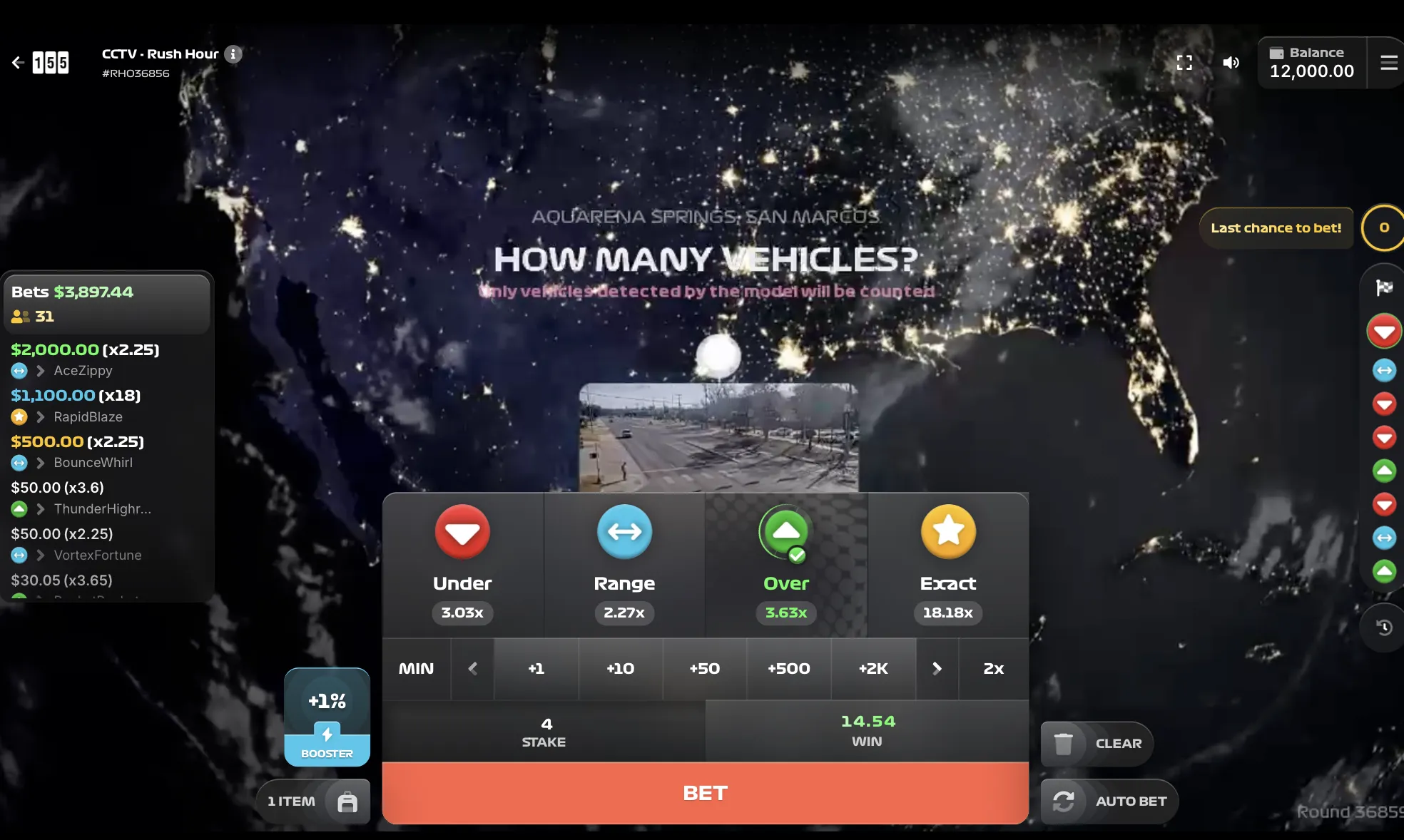 Rush Hour 1win game showing San Marco location with Under, Range, Over and Exact betting tiers