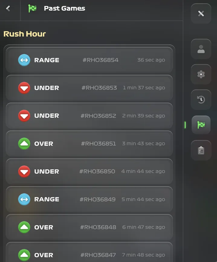 Rush Hour 1win past games panel showing bet history with game IDs and bet types