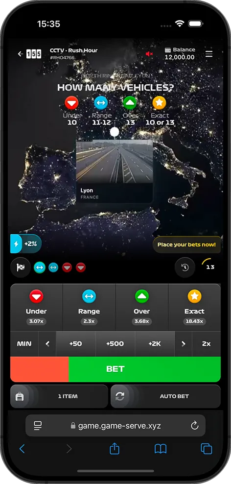 Rush Hour 1win game running on iPhone — live betting interface with camera feed from Lyon, France